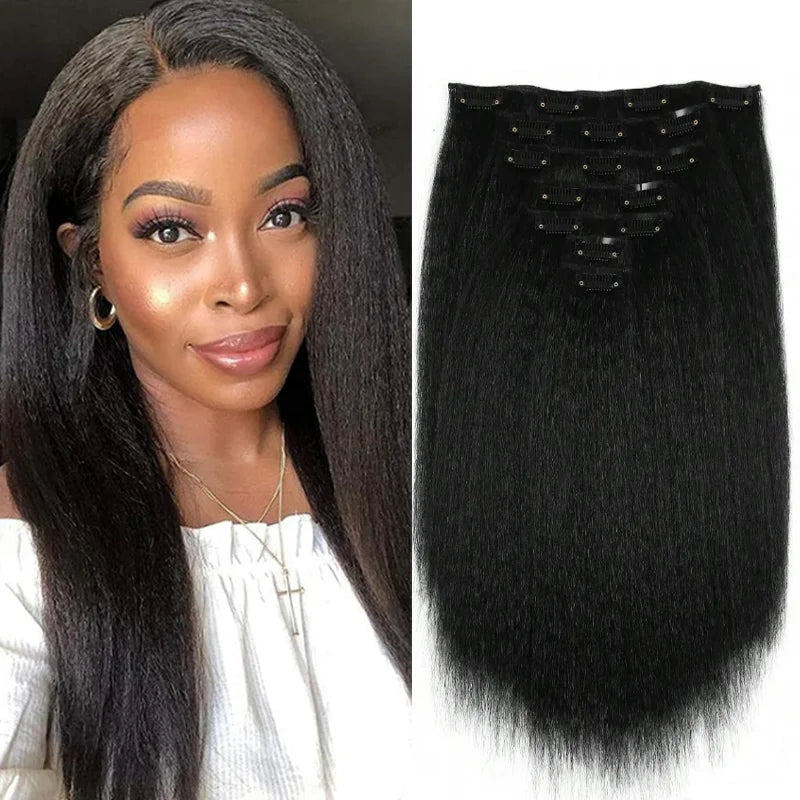 Kinky Straight Clip in Hair Extensions 14 Inch for Women Full Head Yaki Straight Seamless Clip in Synthetic Hair