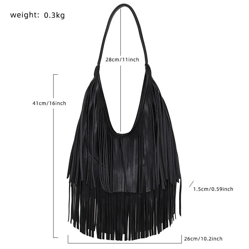 Tassel Large Capacity Brand Tote Bag Black Leather High Quality Luxury Fashion Women Shoulder Bag Soft Casual Hobos Armpit Bag