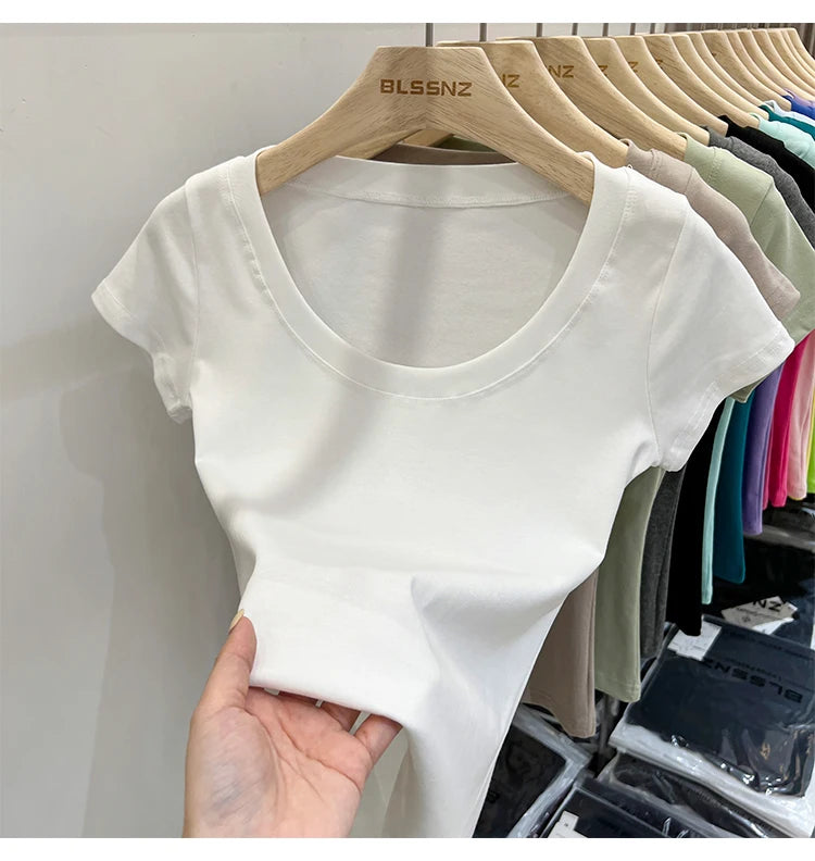 2025 Sexy Square Collar Slim T Shirt Women Cotton Elastic Basic Solid Female Casual Tops Short Sleeve Thin T-shirts See Through