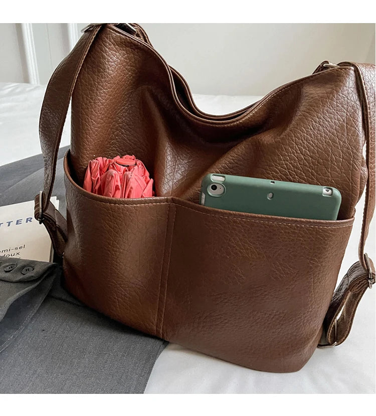 Versatile Student PU Backpack Women New Large Capacity Commute Travel Shoulder Crossbody Bags Fashion All-matched Tote Bag