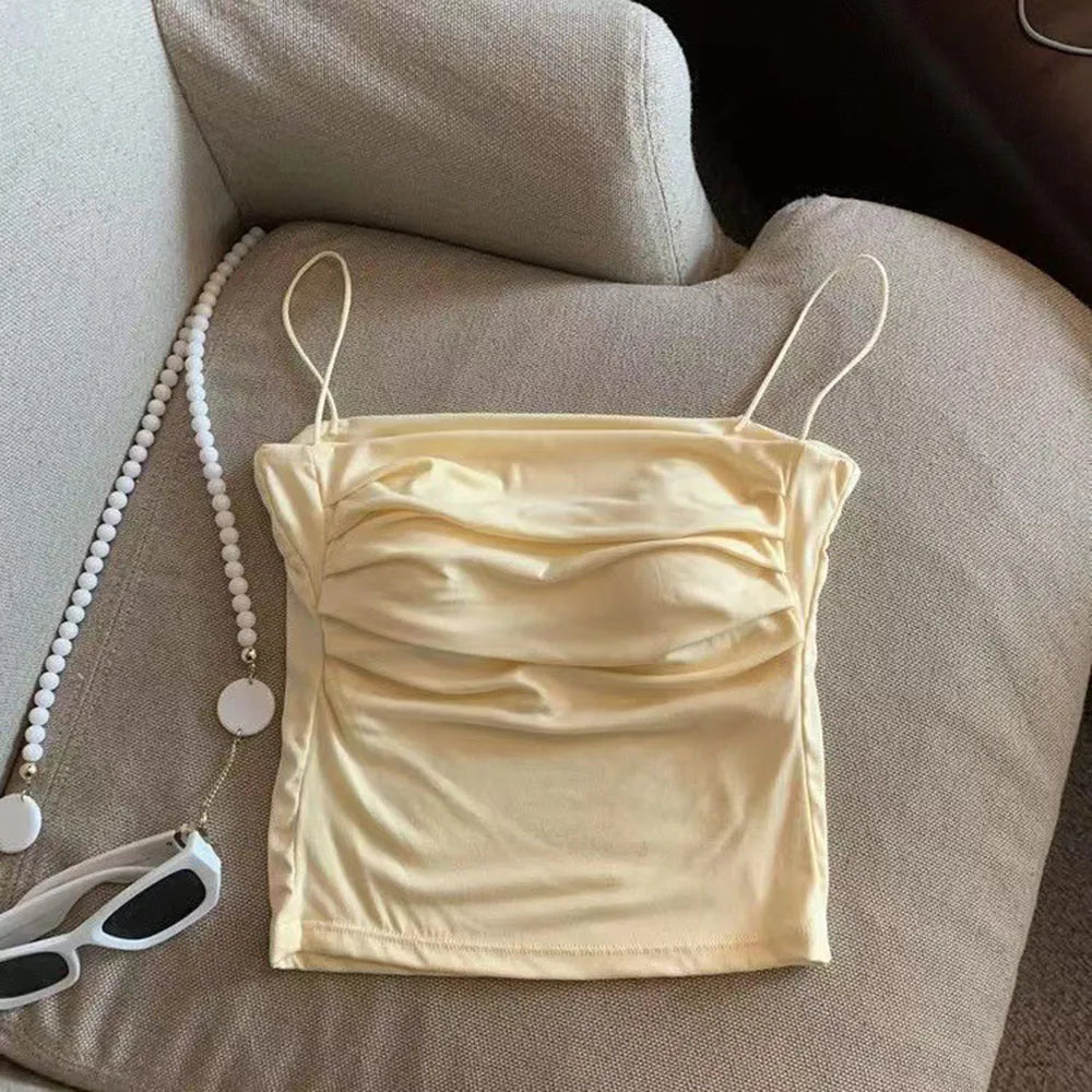 Sleeveless Tees Tank Tops For Women Camisole Vest Cropped Top Slim Fit Solid Color Spaghetti Strap Built In Bra Women Clothes