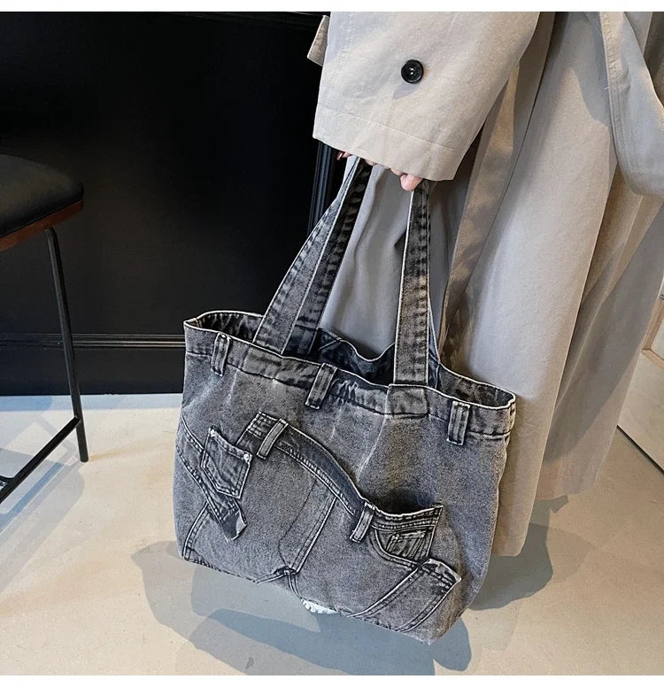 2025 Spring New Hot Sale Denim Tote Bags Solid Large Capacity Personality Retro Durable Commute Style Shoulder Bags for Women