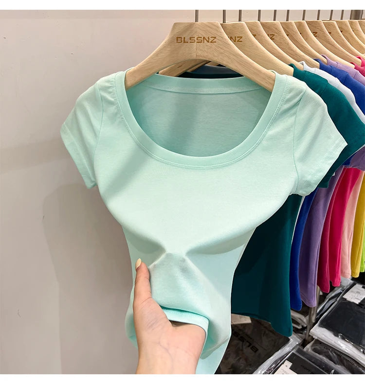 2025 Sexy Square Collar Slim T Shirt Women Cotton Elastic Basic Solid Female Casual Tops Short Sleeve Thin T-shirts See Through