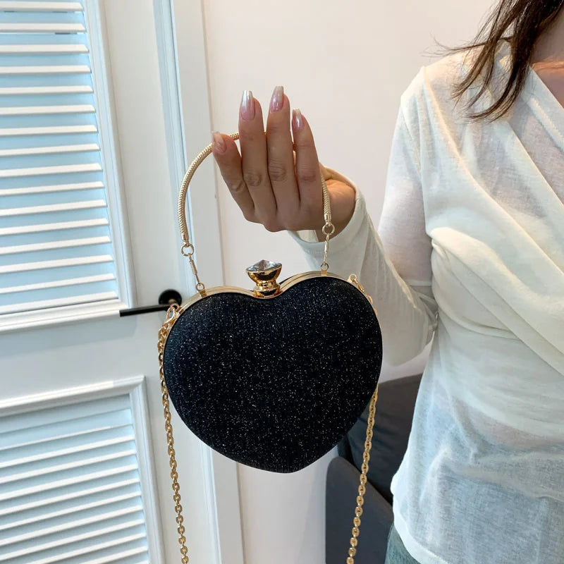 Evening Clutch Bag Women Bag Shiny Handbag Heart Shape Metal Clutches Bag Fashion Chain Shoulder Crossbody Bag Luxury Lady Purse
