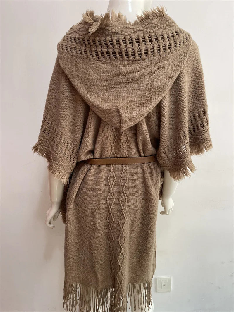 Hooded Crochet Cloak Poncho Shawl - Boho Chic Fringed Knit Wrap for Women, Spring-Autumn Versatile Outerwear
