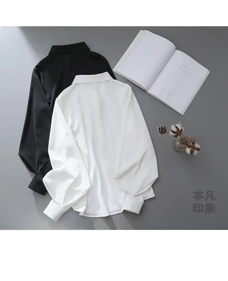 Blouses Tops Women White Black Long Lantern Sleeve Office Lady Temperament Autumn Winter Basic All-match Design Chic Female New