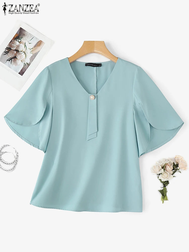 Elegant Office Women Blouses 2025 ZANZEA Stylish Short Ruffled Sleeve Solid Tunic Shirt Female Work OL Tops Casual V Neck Blusas