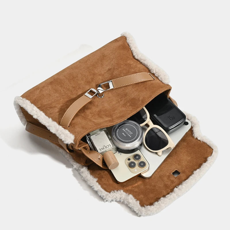 Faux Suede Bags For Women Luxury Designer Handbag Purses 2025 New In Imitation Lamb Wool Trim Lock Belt Buckle Underarm Shoulder