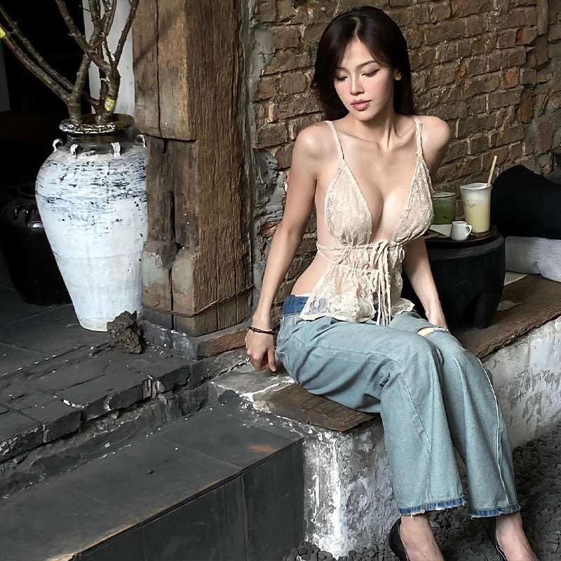 Women Lace Spaghetti Strap Deep V Neck Sexy Cami Top Backless Sheer Crop Tank Summer Chic Transparent Bralette Top 2025 New