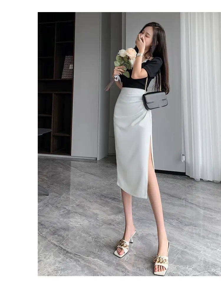 Slit Pleated Skirt for Women 2025 Summer New High-waist Slim Mid-length Versatile A-line Skirt