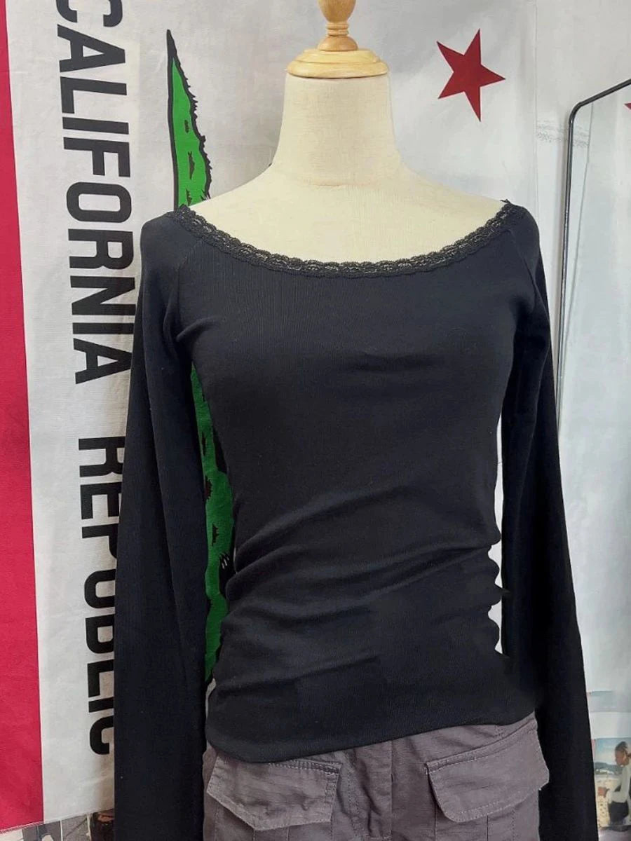 Sweet Lace Patchwork Cotton Long Sleeve Tees Women Casual Scoop Neck Slim Gray Tops Female Streetwear Vintage Y2K Chic T-shirts