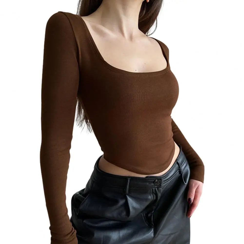 Short Blouse Elegant Square Neck Crop Top for Women Slim Fit Knitted Short T-shirt with Long Sleeves Pure Color Elastic for Club