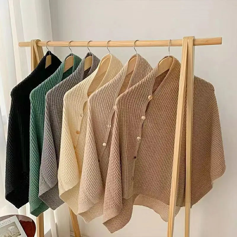 Warm Knitted Plain Color Scarf Thick Single Breasted Wool Shawl Wrap Women Cape Open Side Woven Cardigan Poncho Stole