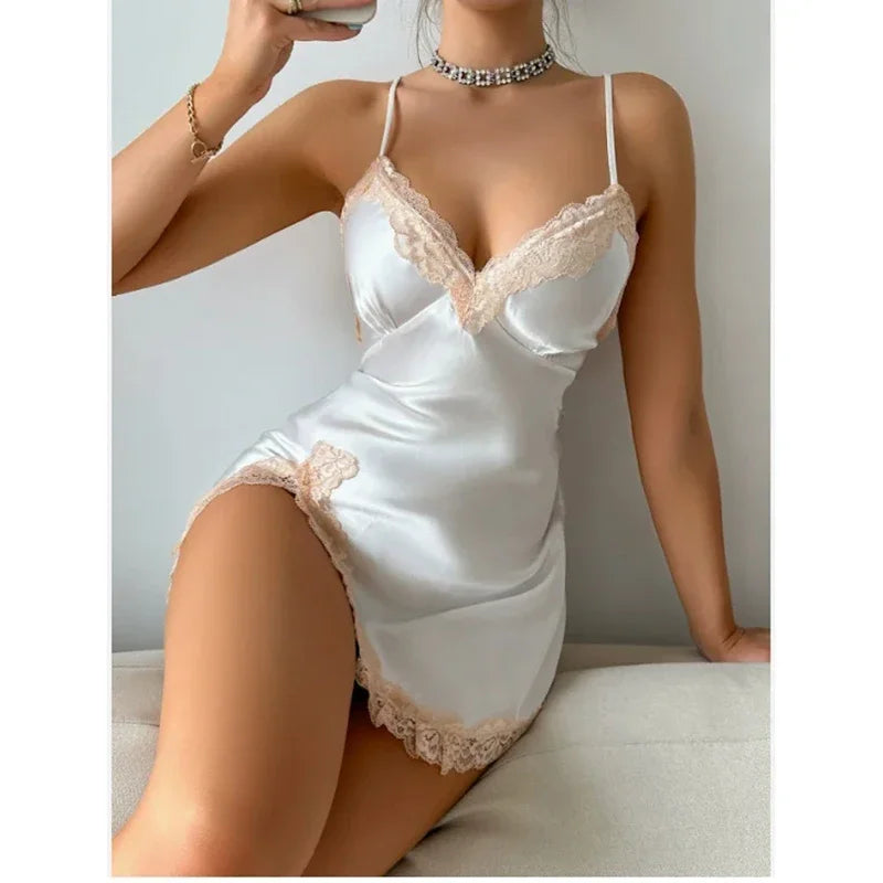 Contrast Lace Satin Nightdress Deep V Backless Lace Up Split Slip Sleep Dress Women's Sleepwear