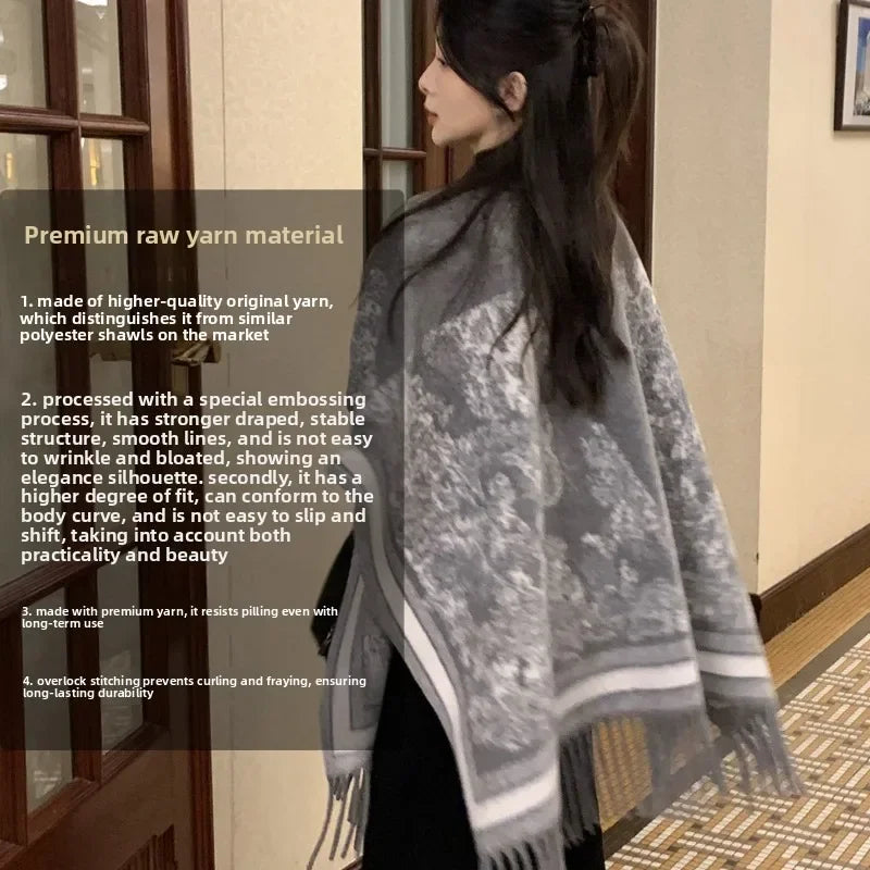 Light luxury and high-end shawl jacket for women in autumn and winter fashion, ancient style warm scarf, cloak outer outfit