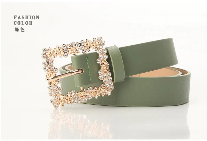 Fashionable Belts for Woman Shiny Rhinestone Beautiful Square Wreath Metal Buckle Solid Color PU Belts