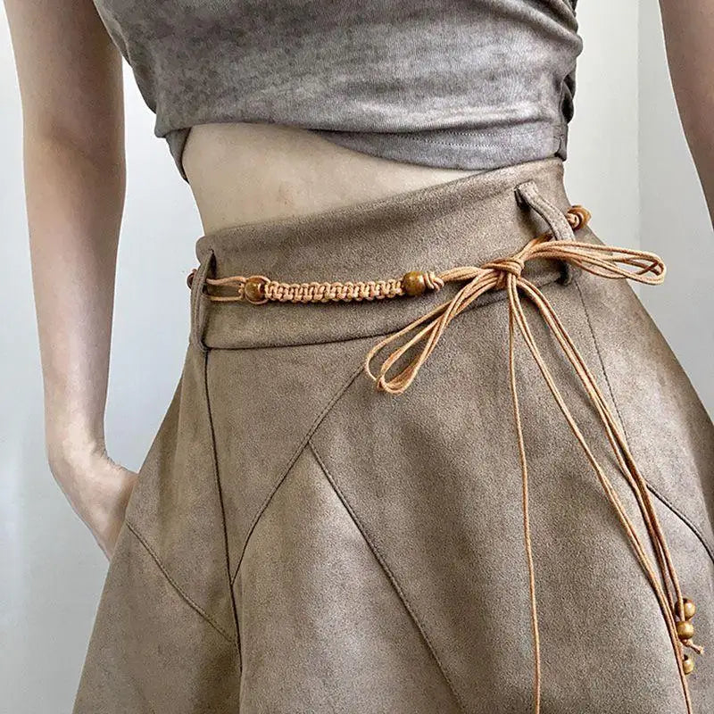 Belts For Women Knot Waistband Summer Boho Shell Bead Dress Jeans Belt Female Beach Accessory Beige Wax Cord