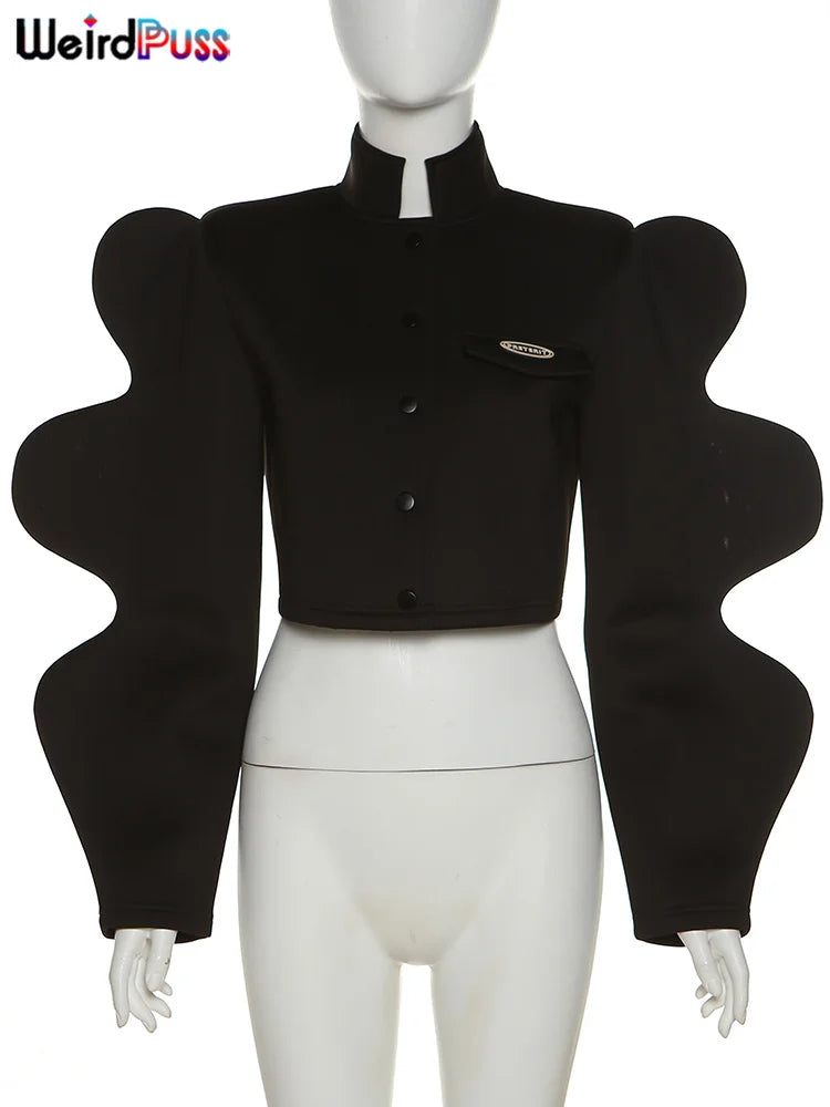 Weird Puss Special Sleeve Jacket Women Solid Single-Breasted Y2K Fashionable Autumn Warmth Wild Street Causal Short Outwear Coat