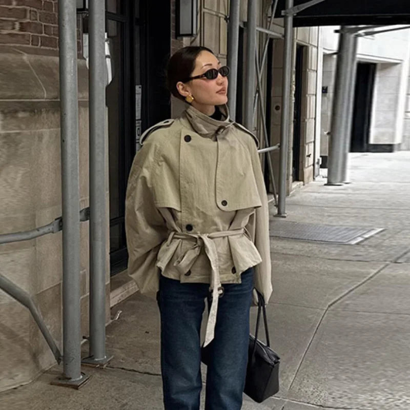 Retro Casual Double Breasted Short Trench Coat For Women Solid Stand Collar Lace Up Versatile Coat 2025 Autumn Lady Outerwears