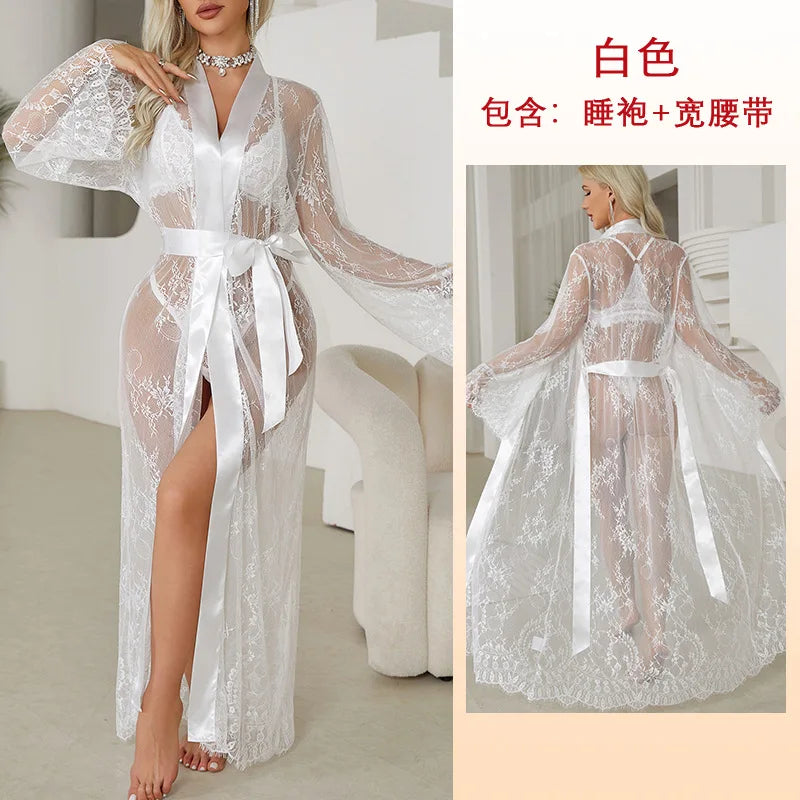 Women's Sheer Lace Robe Sexy See Through Nightgown with Jacquard Lace Floral Trim Satin Lounge Dress for Kimono Robe Home Wear