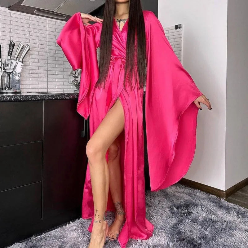 Fashion Wedding Long Robe Dress Women's Homewear Silky Satin Big Sleeve Kimono Gown Bathrobe Loungewear Loose Casual Nightgown