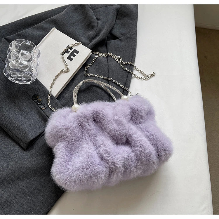 Soft Plush Evening Bags For Elegant Women Fur Dinner Party Clutch Chain Crossbody Winter Warm Luxury Designer Handbags
