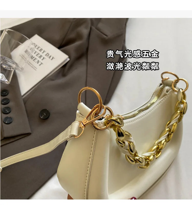 Fashion Chain Handbags Women's Crossbody Bags, Solid PU Leather Shoulder Bag For Daily Used