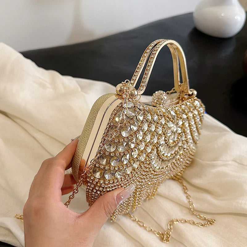 Gold Evening Clutch Bag For Women Luxury Diamond Party Purse Handbag Fashion Tassel Shoulder Crossbody Box Lipstick Bag Designer