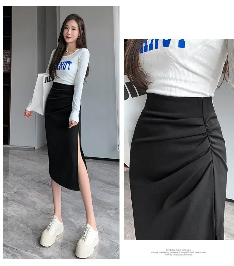 Slit Pleated Skirt for Women 2025 Summer New High-waist Slim Mid-length Versatile A-line Skirt