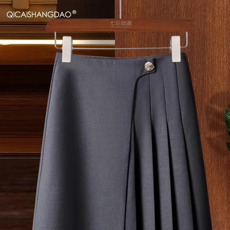 Business Style Mid-length Women' Pleated Skirt High Waist A-line Asymmetrical Office Ladies Work Casual Skirts