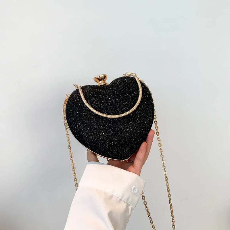 Evening Clutch Bag Women Bag Shiny Handbag Heart Shape Metal Clutches Bag Fashion Chain Shoulder Crossbody Bag Luxury Lady Purse