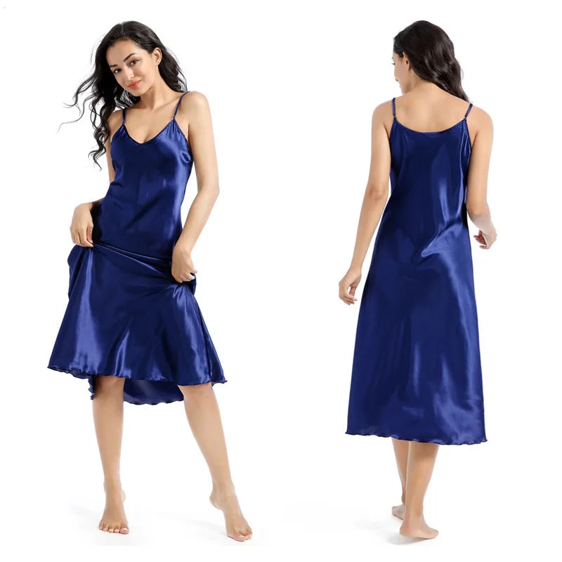 Women Long Satin Nightgown Slip Dress Nightdress Silky Nightie Soft V Neck Nightwear