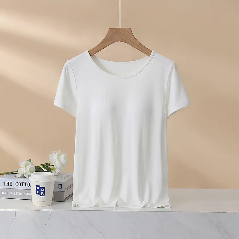 Women's T-Shirt with Chest Pad Tops  One-Piece Bra Cup Slim T Shirt Female Summer Top Bottoming Shirts Home Wear Women Pajamas