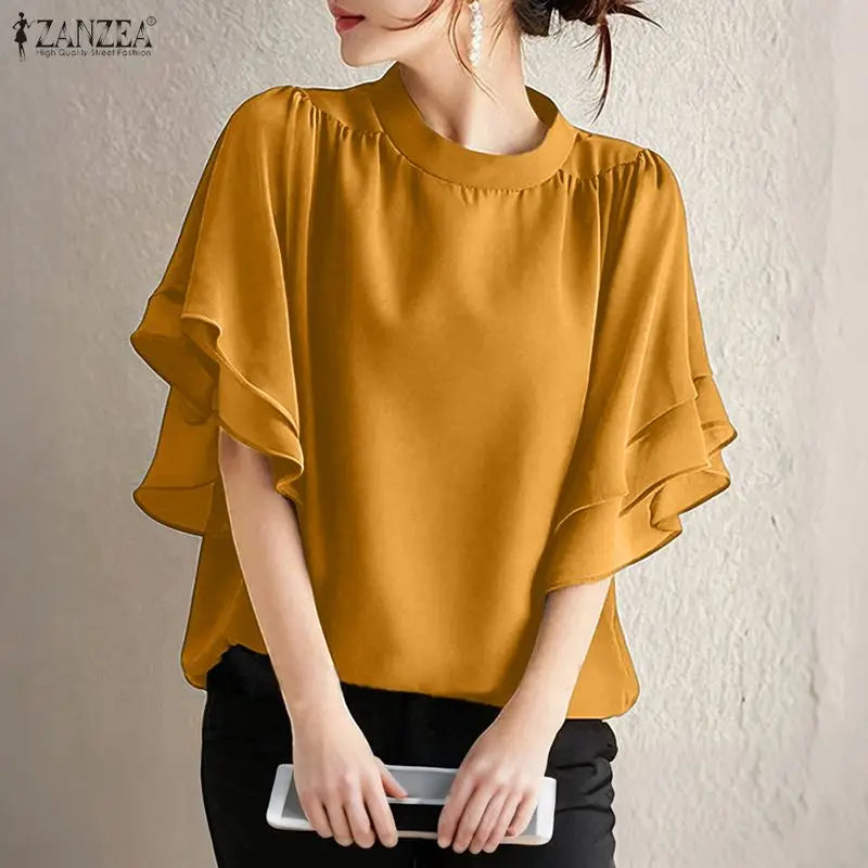 Women Blouse ZANZEA Elegant Office Lady Ruffled Shirts Half Sleeve Solid Casual Fashion Tops 2025 Summer OL Blusas Femininas
