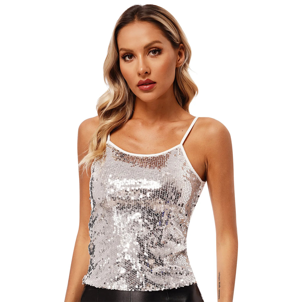 Womens Adjustable Spaghetti Straps Sparkly Sequin Tops Slim Fit Patchwork Tank Top for Pole Dancing Disco Night Out Costume