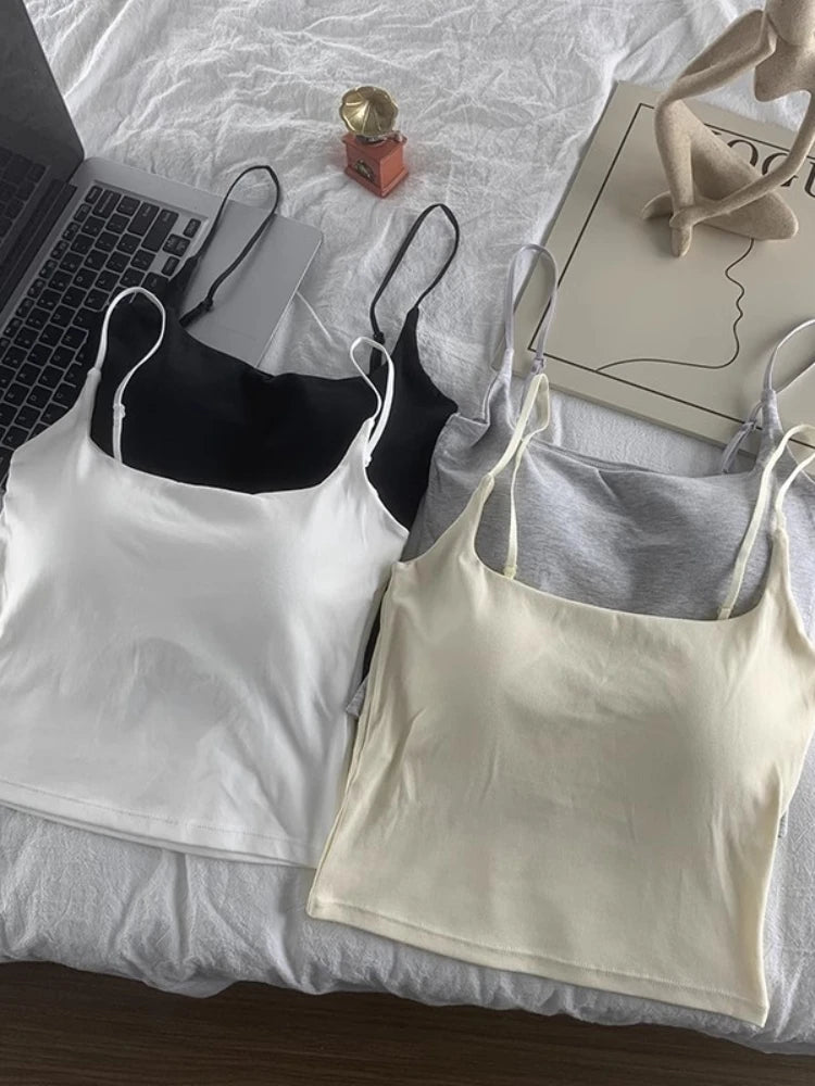 2025 Women With Built In Bra Spaghetti Strap Tanks Summer Camis Tank Casual Tops For Woman Solid Color Female Korean Style