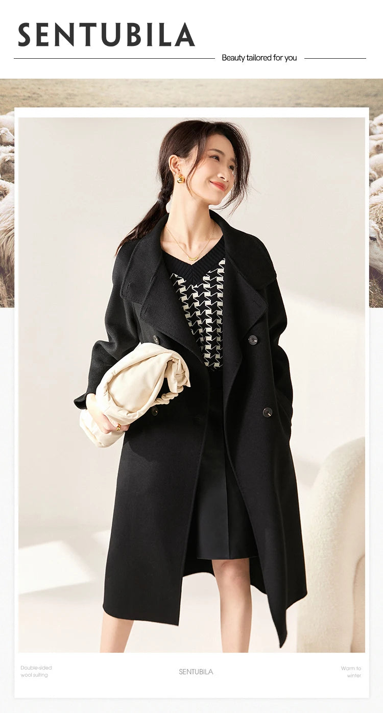 SENTUBILA Women's Long Woolen Overcoats 2025 Winter Outerwear Elegant Turtleneck Warm Double Breasted Belt Wrap Coat W24O42064