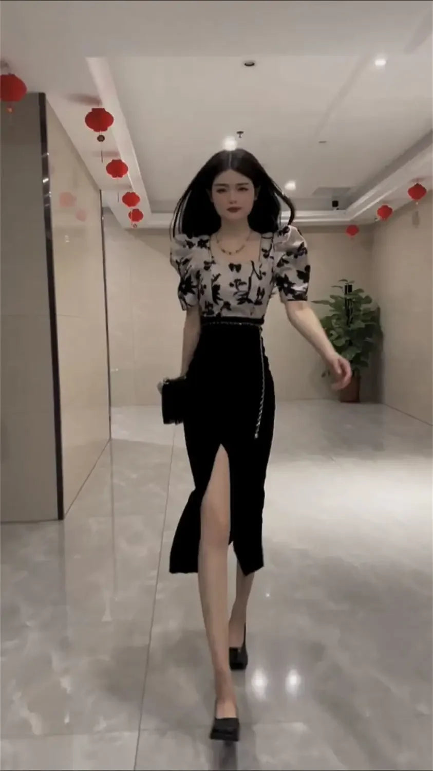 Skirt Suits Women's Two Piece Set Short Sleeve Long Maxi Sexy Female Outfits Slit Party Jacket Vacation 2025 Top and Bottom Full