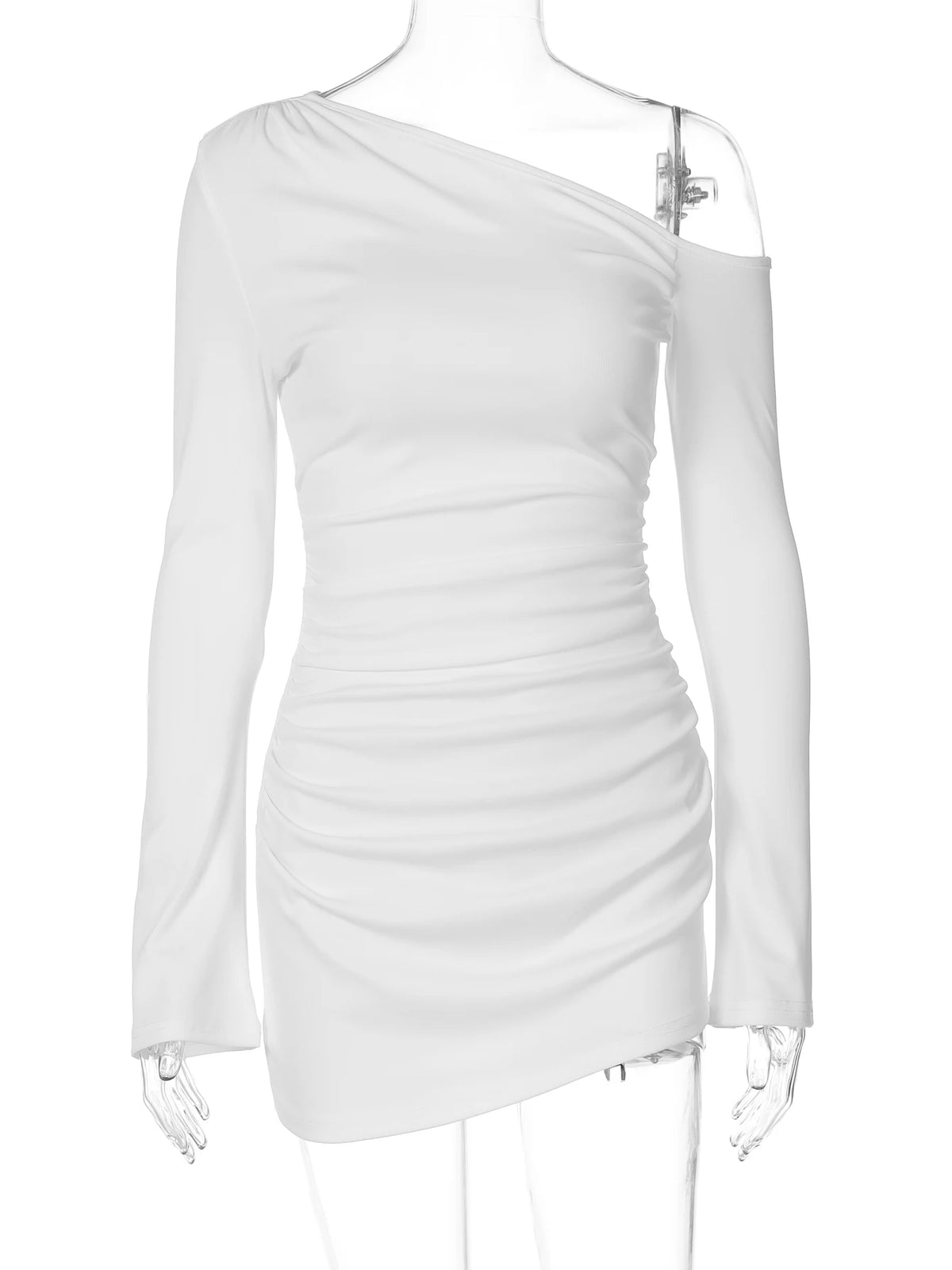Inclined-Sleeve Ruched Mini Dress