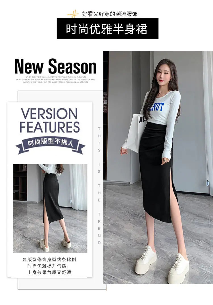 Slit Pleated Skirt for Women 2025 Summer New High-waist Slim Mid-length Versatile A-line Skirt