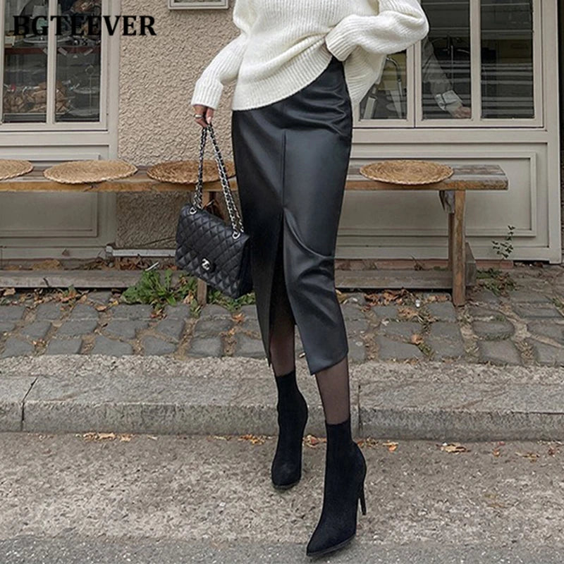 BGTEEVER Stylish Skinny PU Leather Skirts for Women Autumn Winter Elegant Slim Split Package Hip Pu Skirts Female