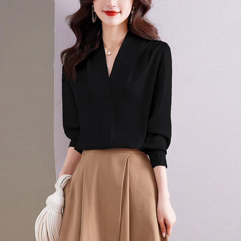 Fashion Woman Blouse 2023 Elegant and Youth Woman Blouses V-neck Silk Women's Autumn Clothing Vintage Shirt Solid OL Womens Tops