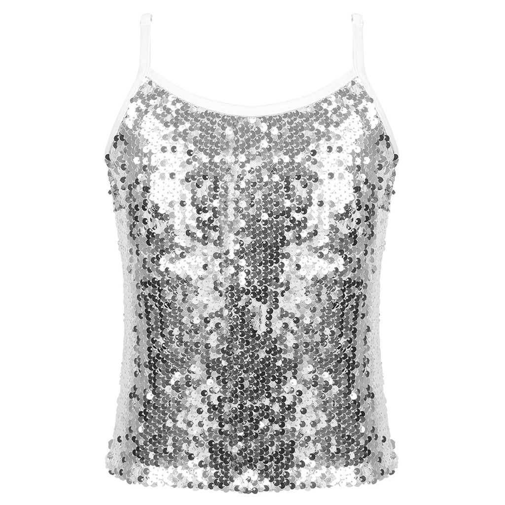 Womens Adjustable Spaghetti Straps Sparkly Sequin Tops Slim Fit Patchwork Tank Top for Pole Dancing Disco Night Out Costume