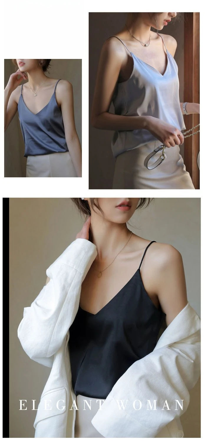 Spaghetti Strap Top Women Halter V Neck Basic White Cami Sleeveless Satin Silk 2025 Tank Tops Women'S Summer Camisole