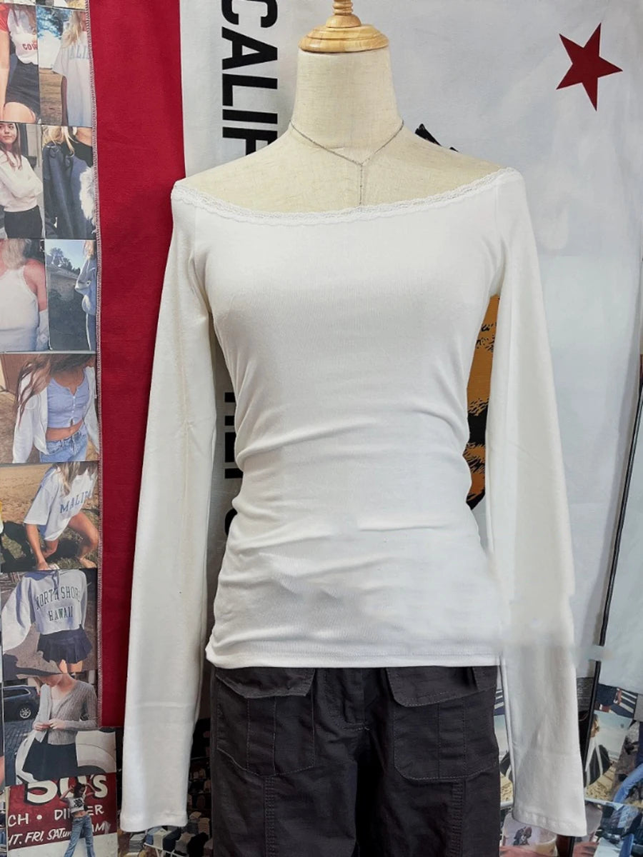 Sweet Lace Patchwork Cotton Long Sleeve Tees Women Casual Scoop Neck Slim Gray Tops Female Streetwear Vintage Y2K Chic T-shirts