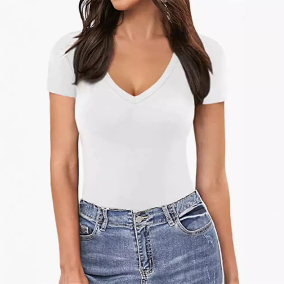 Bodysuit Women Sexy Slim Short Sleeve Bodycon Jumpsuit V Neck Rompers Overalls Body Shapers 2024 New