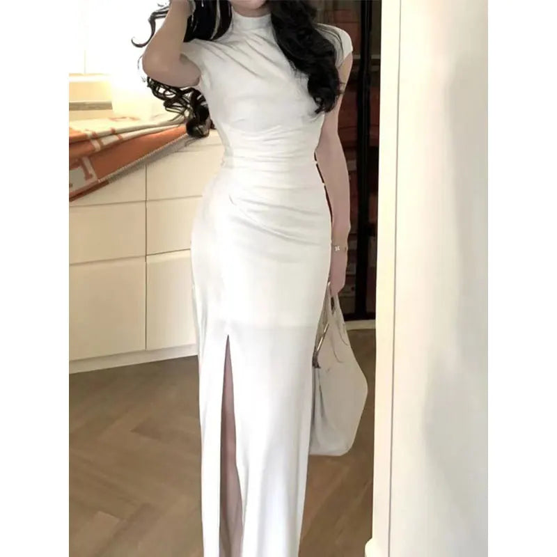 Elegant White Long Dress for Women Short Sleeve Party Split Dress Office Lady Sheath Slim Fit O Neck 2023 New Summer Black Dress