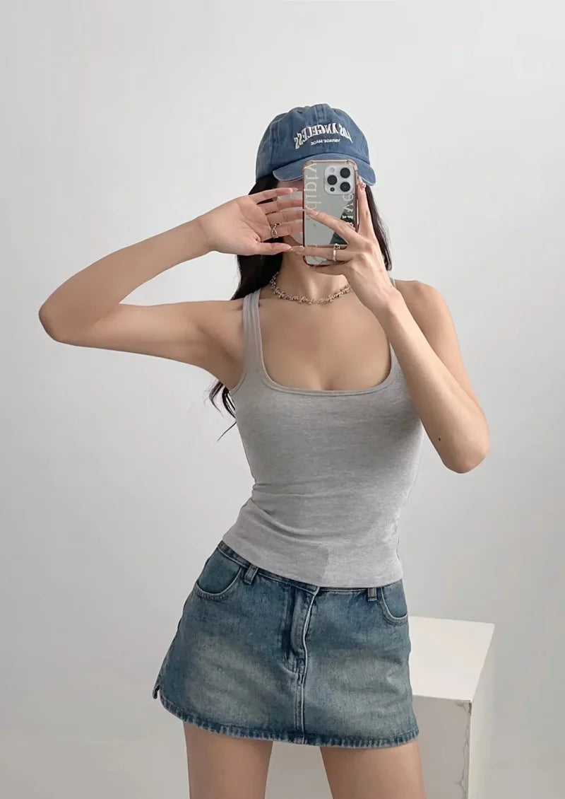 Women Scuplted Square Neck Tank Top