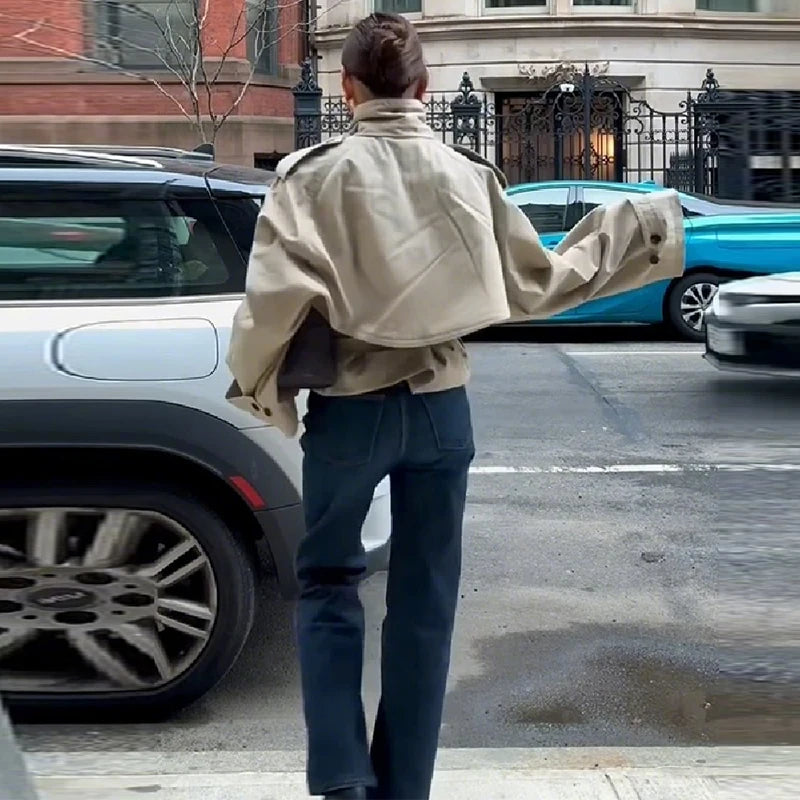 Retro Casual Double Breasted Short Trench Coat For Women Solid Stand Collar Lace Up Versatile Coat 2025 Autumn Lady Outerwears