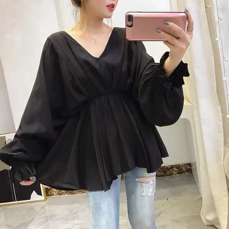 Blouse For Women Oversized Tops Long Sleeve V-neck Chiffon Slim Waist Shirts 2025 Blusas Mujer De Moda Folds Chic Summer Blouses